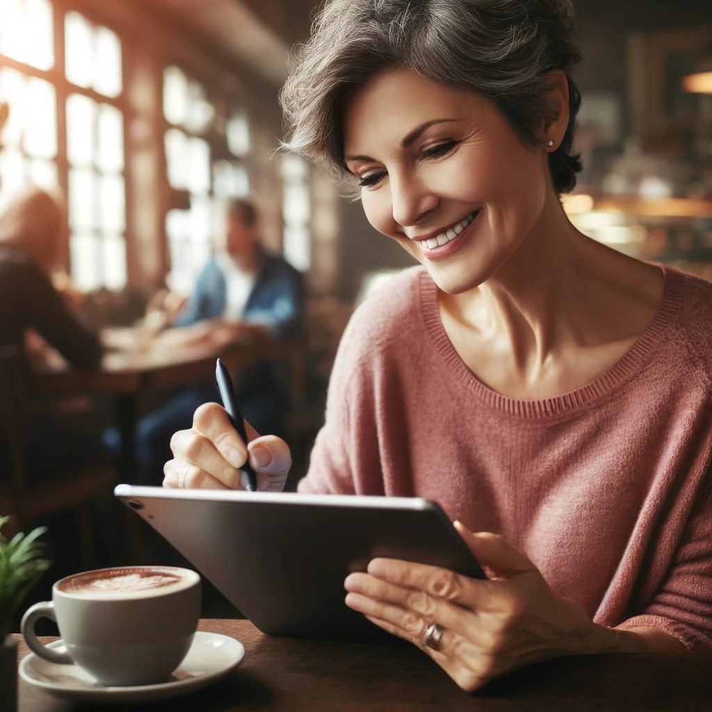 woman drawing on her ipad in a coffee shop. She is keeping her brain young by enjoying art creation.