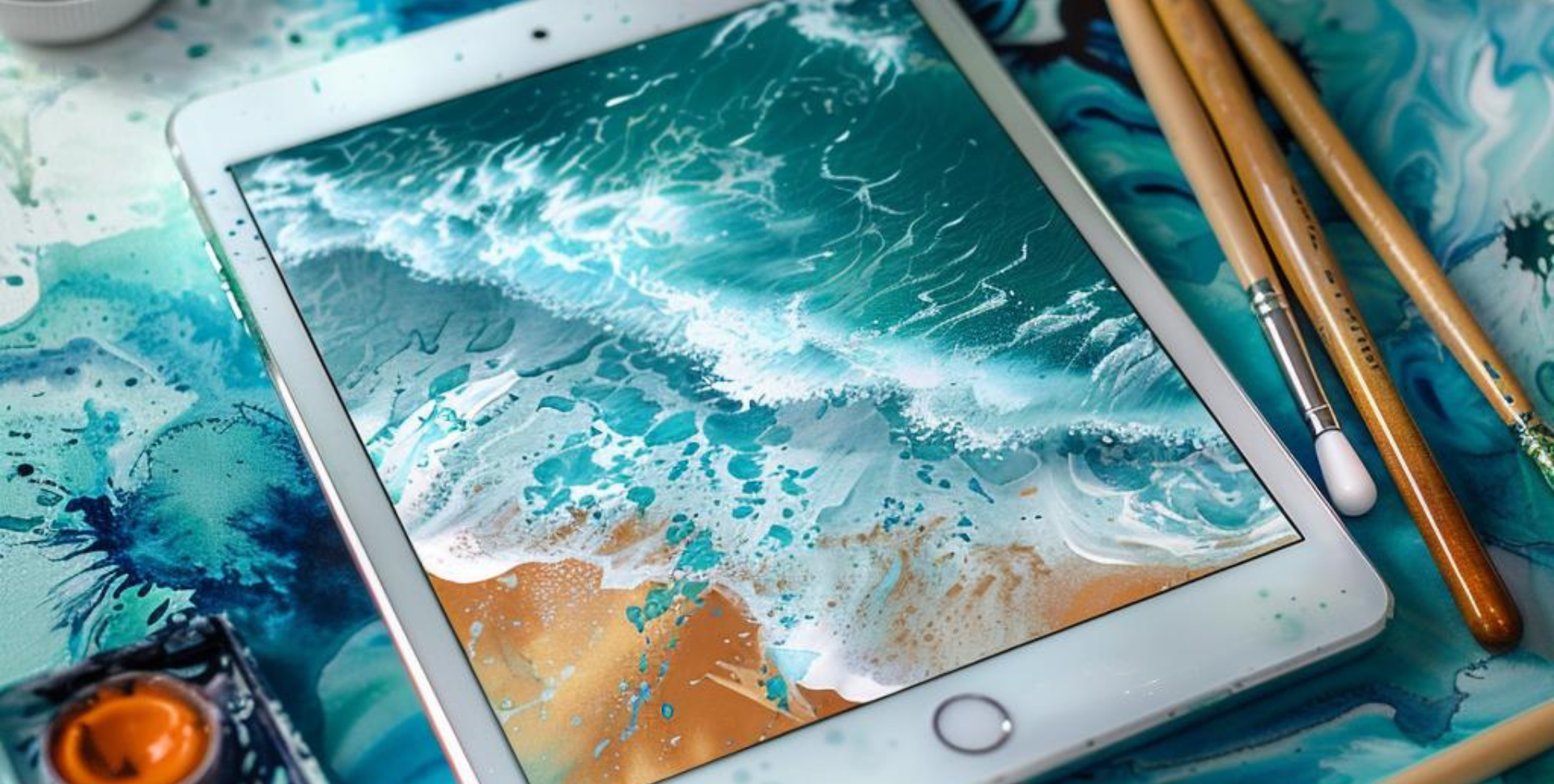 ipad with illustration of the ocean on it.